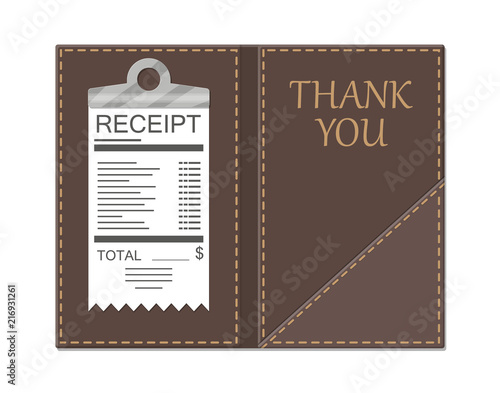 Leather folder for cash, coins and cashier check. Thanks for the service in the restaurant. Money for servicing. Good feedback about the waiter. Gratuity concept. Vector illustration in flat style