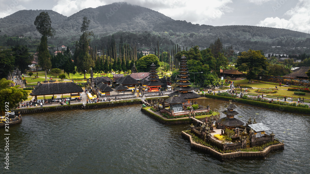 4K Aerial View at Pura Ulun Danu Beratan the temple complex is located on the shores of Lake Bratan in the mountains near Bedugul