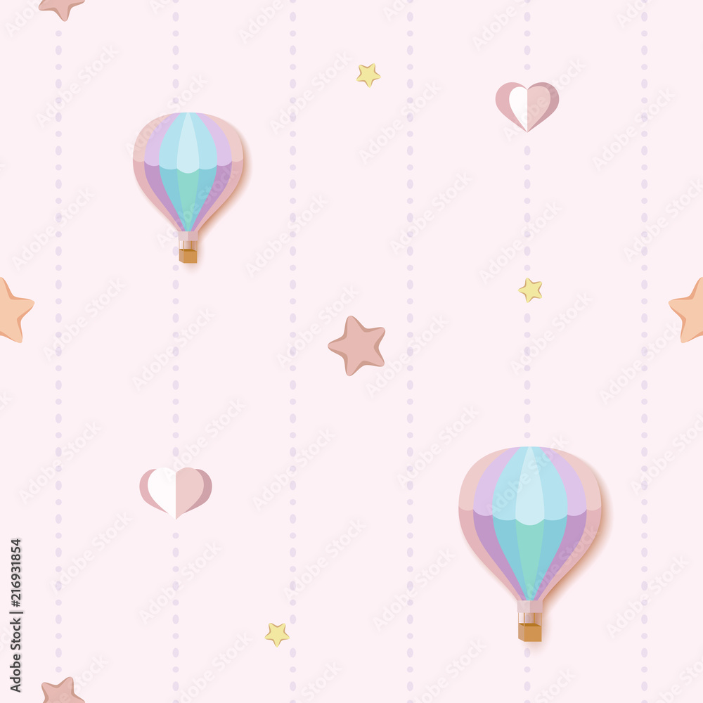 Cute seamless pattern background with colorful stars, hearts and hot air balloons. Seamless pink pattern with dotted stripes. Children's bedroom, baby nursery decorative wallpaper. Vector Illustration