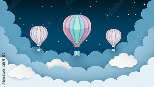 Fototapeta Naklejka Na Ścianę i Meble - Hot air balloons, stars and clouds on the dark night sky background. Night scene background. Paper craft style. Vector Illustration.