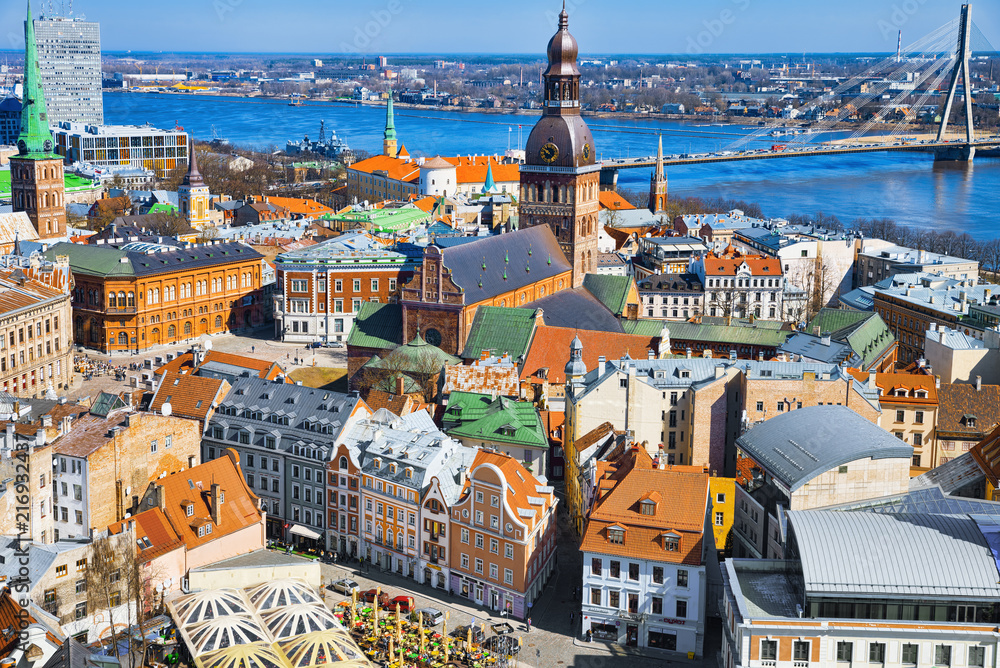 Fototapeta premium Panoramic view of the city of Riga, Latvia from the height of the tower Church of St. Peter