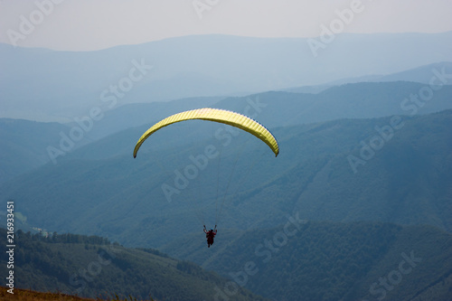 Paraglider flies over a mountain valley on a sunny summer day. Paragliding in the Carpathians in the summer.