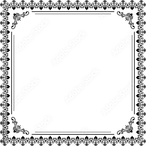 Classic vector black and white square frame with arabesques and orient elements. Abstract ornament with place for text. Vintage pattern