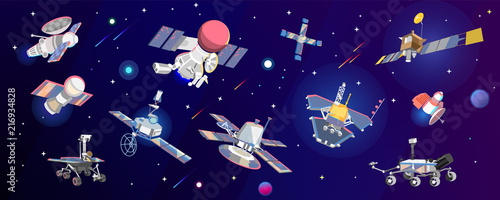 Space ships of Mars and Venus in the starry space. Vector illustration of a space set.