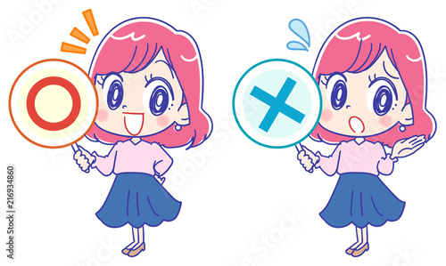 まるばつ札を持つ若い女性のイラスト