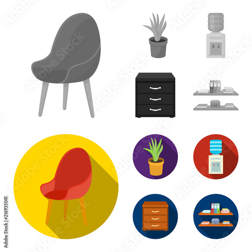 A red chair with a comfortable back, an aloe flower in a pot, an apparatus with clean water, a cabinet for office papers. Office Furniture set collection icons in monochrome,flat style vector symbol