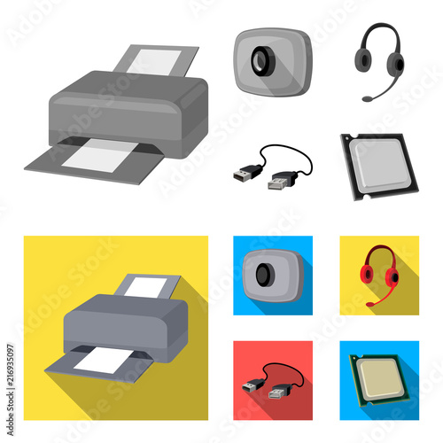 Webcam, headphones, USB cable, processor. Personal computer set collection icons in monochrome,flat style vector symbol stock illustration web.