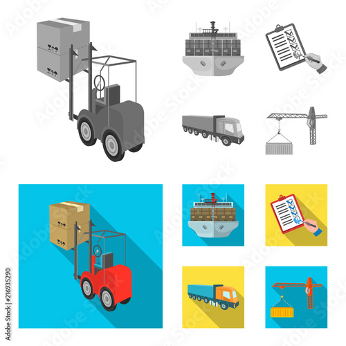 Sea freight, signature of delivery documents, truck, tower crane with a container. Logistics and delivery set collection icons in monochrome,flat style isometric vector symbol stock illustration web.