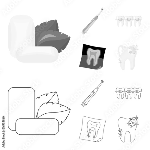 Mint chewing gum with mint leaves, toothbrush with bristles, bregettes with teeth, X-ray of the tooth. Dental care set collection icons in outline,monochrome style vector symbol stock illustration web
