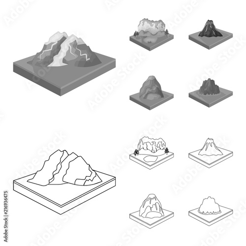 Mountains, rocks and landscape. Relief and mountains set collection icons in outline,monochrome style isometric vector symbol stock illustration web.