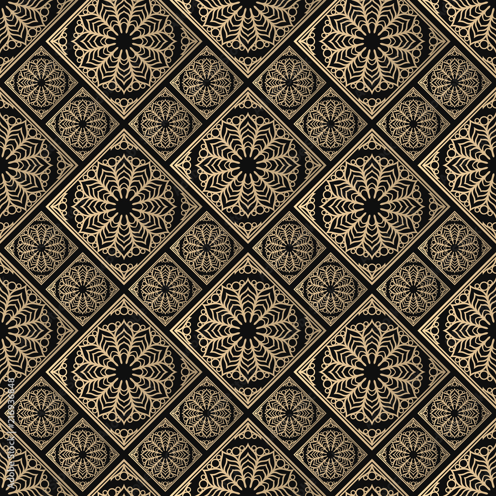 Islamic vector design. Seamless pattern oriental ornament. Black and golden textile print. Floral tiles.