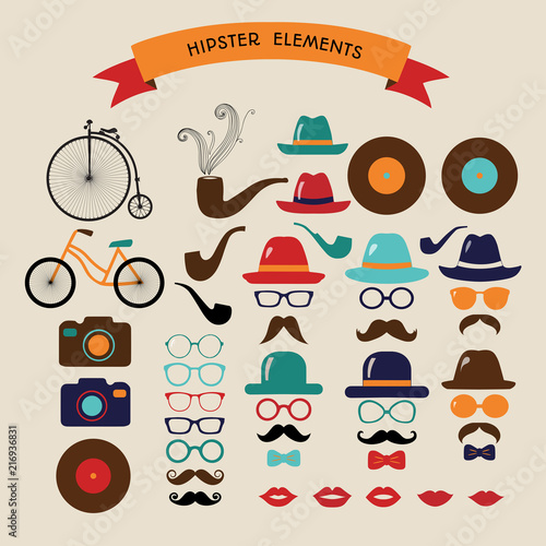 Hipster Colorful Retro Vintage Vector Icon Set. Illustrations of hats, glasses, lips and moustaches.