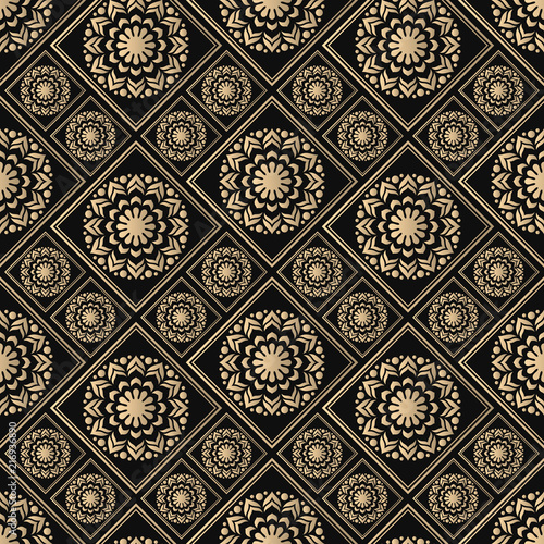 Islamic vector design. Seamless pattern oriental ornament. Black and golden textile print. Floral tiles.