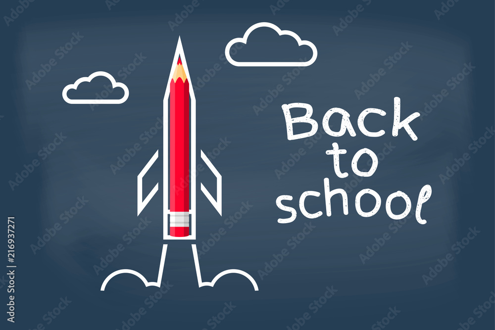 Back to school. Painted rocket on blackboard with pencil, symbol of start of training. Welcome sign on the school board. Vector illustration flat style. Blackboard with the message written in chalk.
Back to school. Painted rocket on blackboard with pencil, symbol of start of training. Welcome sign on the school board. Vector illustration flat style. Blackboard with the message written in chalk.
