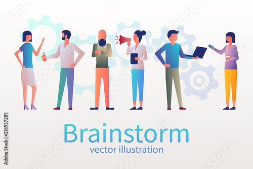Brainstorm concept, business meeting. Group of young people met for the conference. Creative people. Teamwork colleagues. Vector illustration flat design. Isolated on background. Search new solutions.