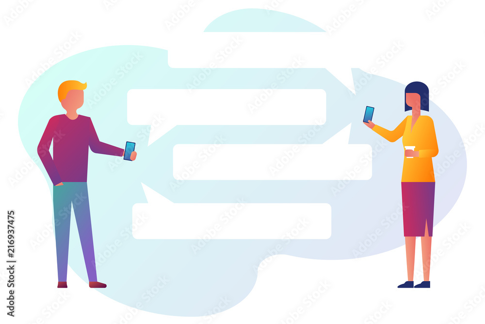 Mobile messenger concept. Man and a woman with smartphone in their hands use messenger. Vector illustration flat design. Isolated on white background. Clouds for text. Mobile messenger concept. Man and a woman with smartphone in their hands use messenger. Vector illustration flat design. Isolated on white background. Clouds for text.