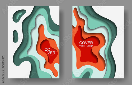 Vector paper cut layouts design set for presentations, flyers, posters. 3D modern backgrounds with papercut shapes. Vertical paper cutout template for banner, brochure cover, booklet design.