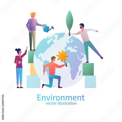 Little people care for the environment. Protection concept the Earth. Save the planet. Vector illustration flat design. Isolated on white background. World Environment Day. Posters, greeting card.