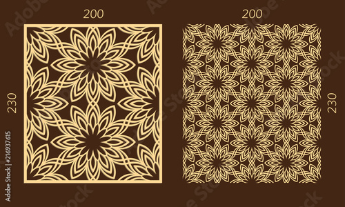 Laser cutting set. Woodcut vector panel. Plywood lasercut eastern design. Hexagonal seamless pattern for printing, engraving, paper cutting. Stencil ornament.