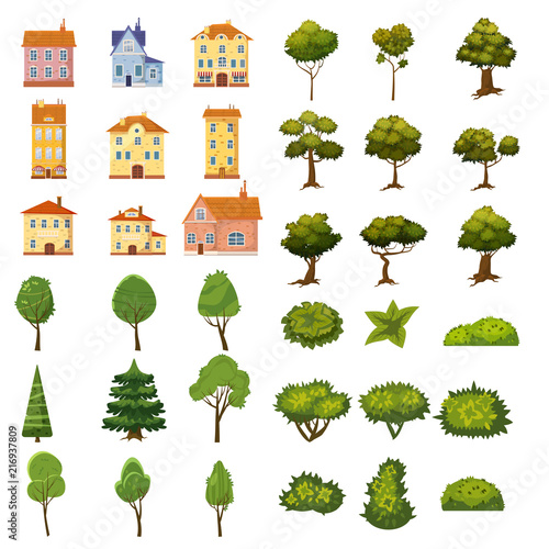 Set of buildings, bushes and trees of landscape elements for garden design, park, games and applications. Vector Graphics, cartoon style, isolated