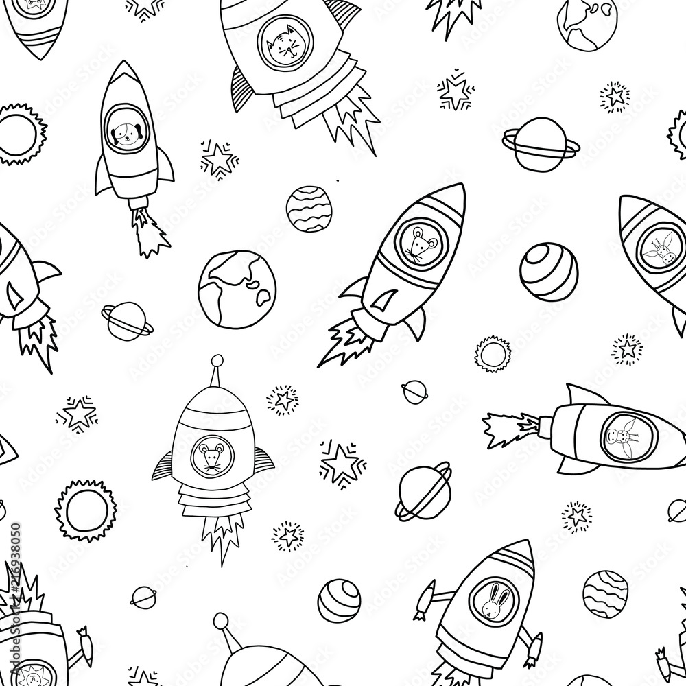 Space animals seamless vector background. Rocket ships. Astronaut mouse ...