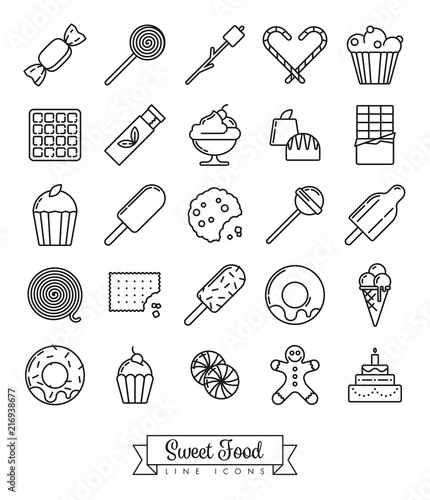 Sweet Food line icon set. Collection of sweets, pastry and ice cream symbols.