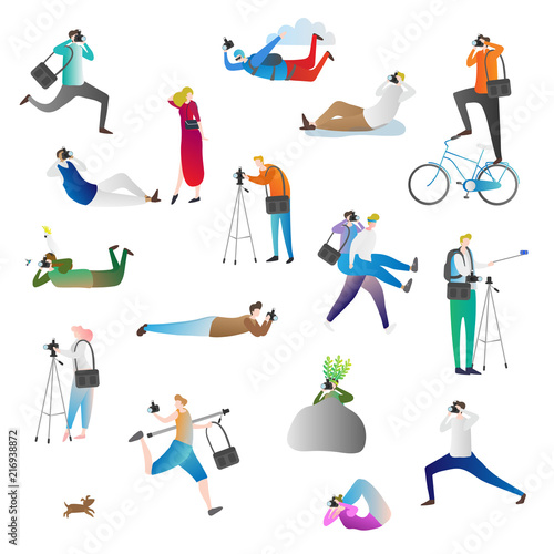 Photographer vector illustration icon collection set. Journalist, paparazzi or operator in different pose taking picture, hiding or skydiving with digital equipment.