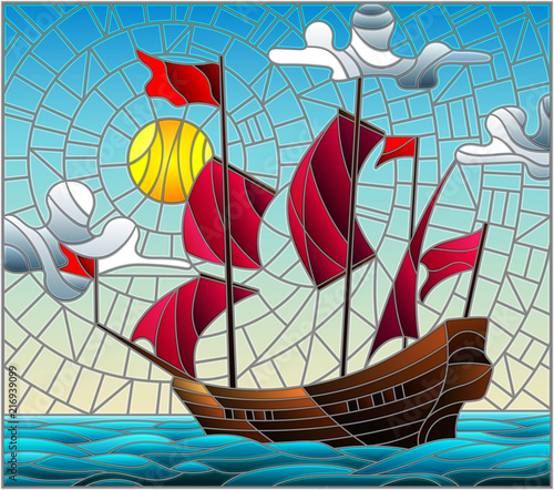 Illustration in stained glass style with an old ship sailing with red sails against the sea, sun and sky, seascape 