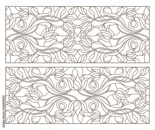 Set contour illustrations of stained glass with abstract swirls and flowers of Tulips , horizontal orientation