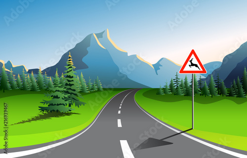 Scenic mountain landscape with asphalt road passing through fresh green meadow with blue mountains on background. Natural park. Vector illustration