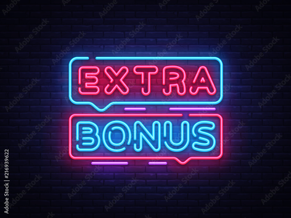 Extra Bonus neon sign vector. Bonus neon text Design template neon sign, light banner, neon signboard, nightly bright advertising, light inscription. Vector Illustration Extra Bonus neon sign vector. Bonus neon text Design template neon sign, light banner, neon signboard, nightly bright advertising, light inscription. Vector Illustration