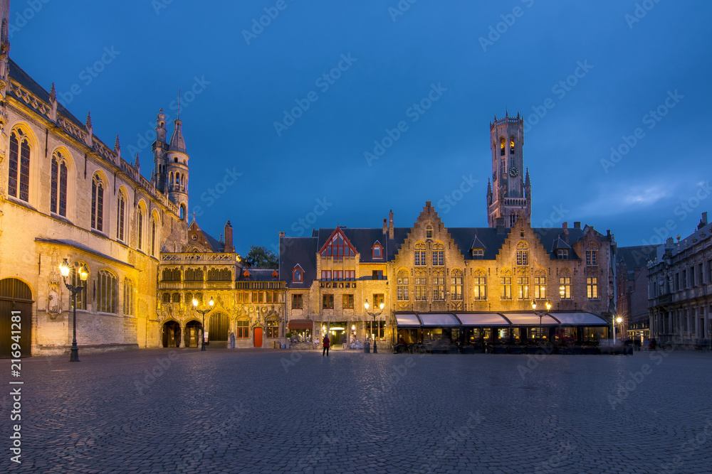Burg square at night, center of Bruges, Belgium