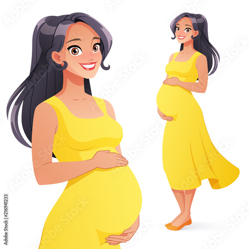 Beautiful Asian smiling pregnant woman. Full length isolated vector illustration.