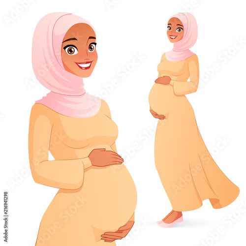 Beautiful Muslim pregnant woman in hijab. Isolated vector illustration.