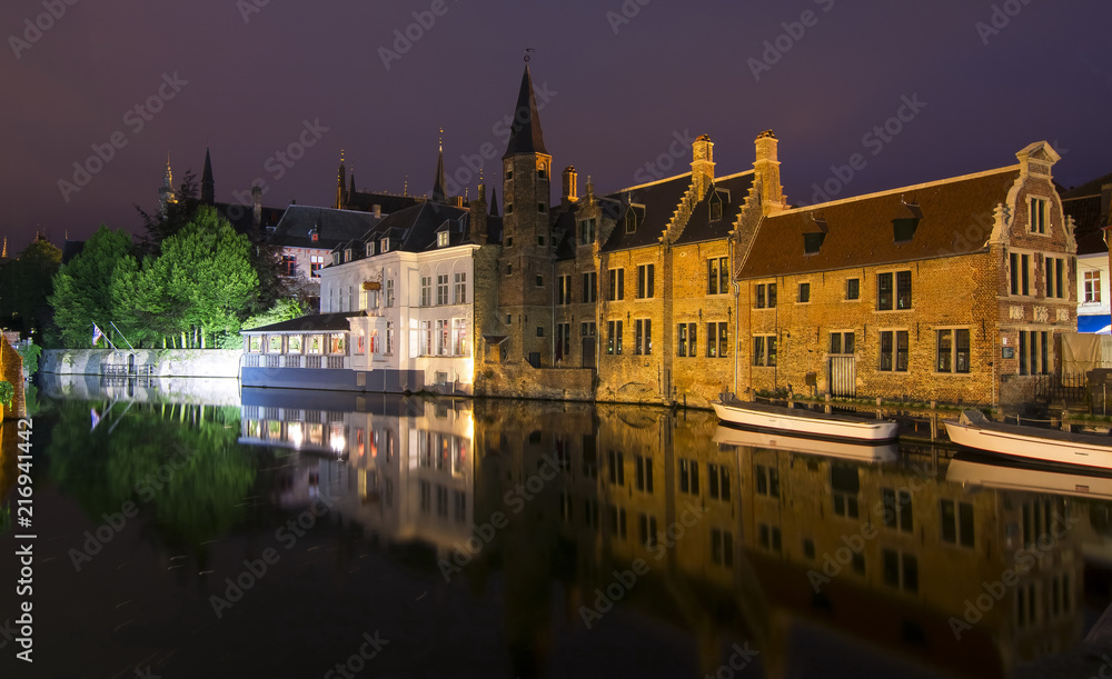 Bruges old town canals at night, Belgium