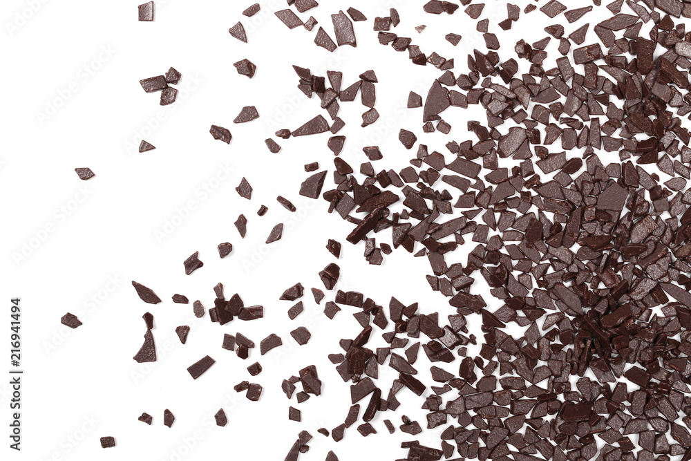 Chocolate sprinkles, granules isolated on white background and texture, top view Chocolate sprinkles, granules isolated on white background and texture, top view