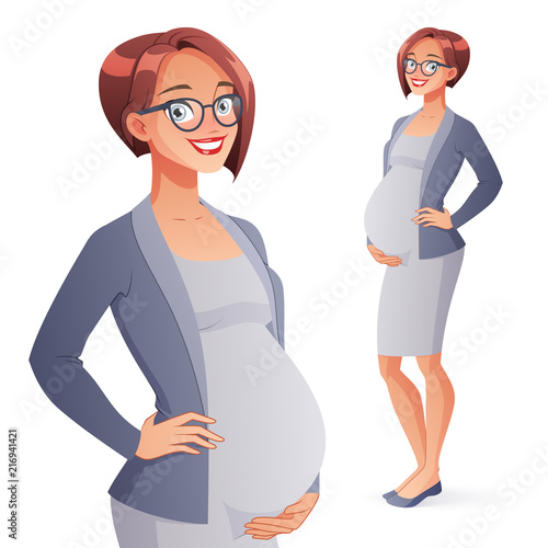 Beautiful smiling pregnant business woman. Full length isolated vector illustration.