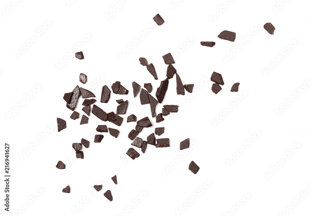 Chocolate sprinkles, granules isolated on white background and texture, top view Chocolate sprinkles, granules isolated on white background and texture, top view