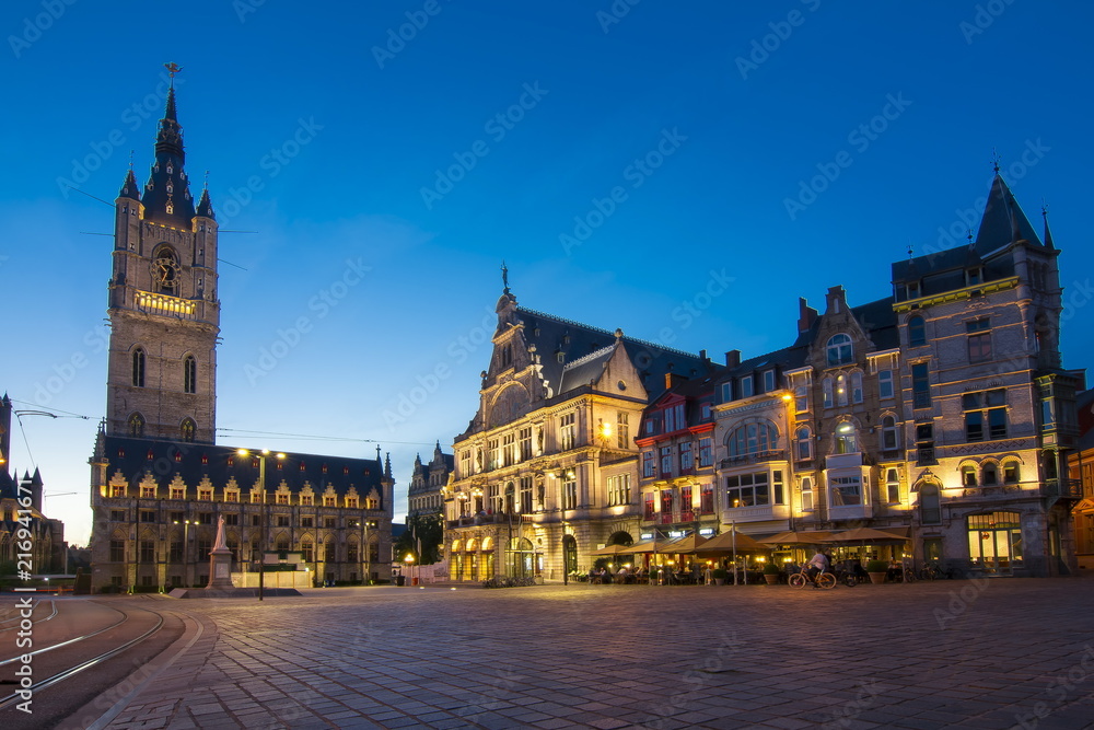 Saint Bavo square and Belfort tower at night, Gent, Belgium