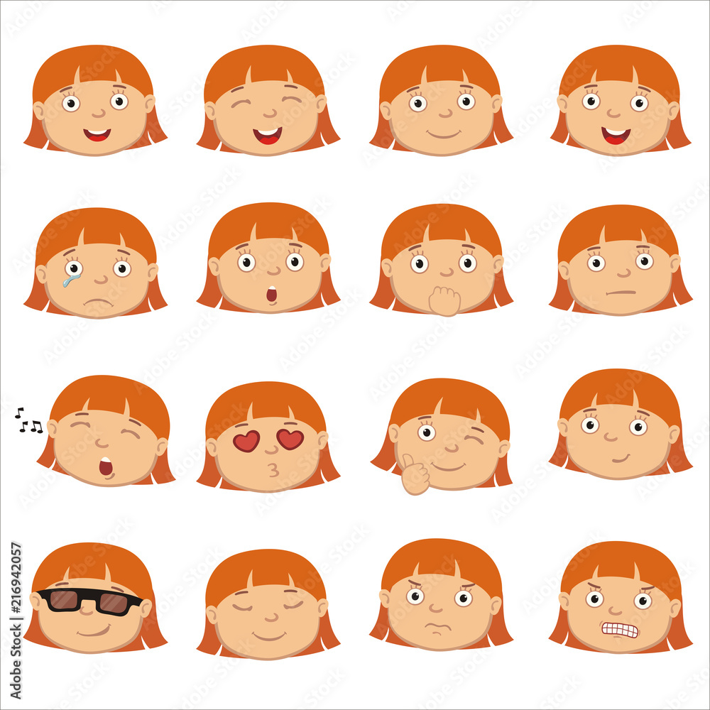 Collection of emoticons of faces of little girl with red hair in cartoon style isolated on white background. Collection of emoticons of faces of little girl with red hair in cartoon style isolated on white background.