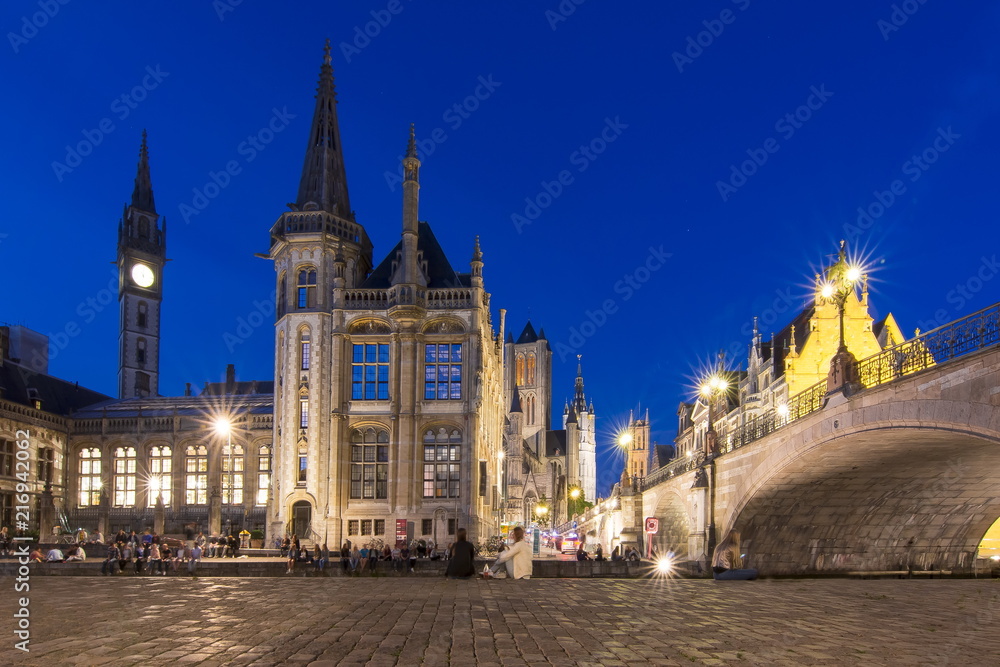 Towers and architecture of medieval Gent at night, Belgium