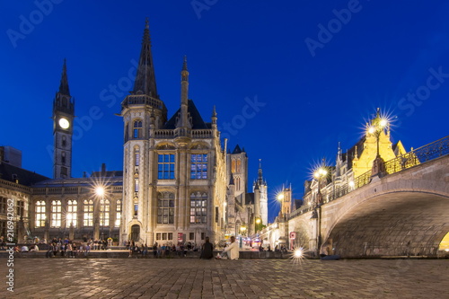 Towers and architecture of medieval Gent at night  Belgium
