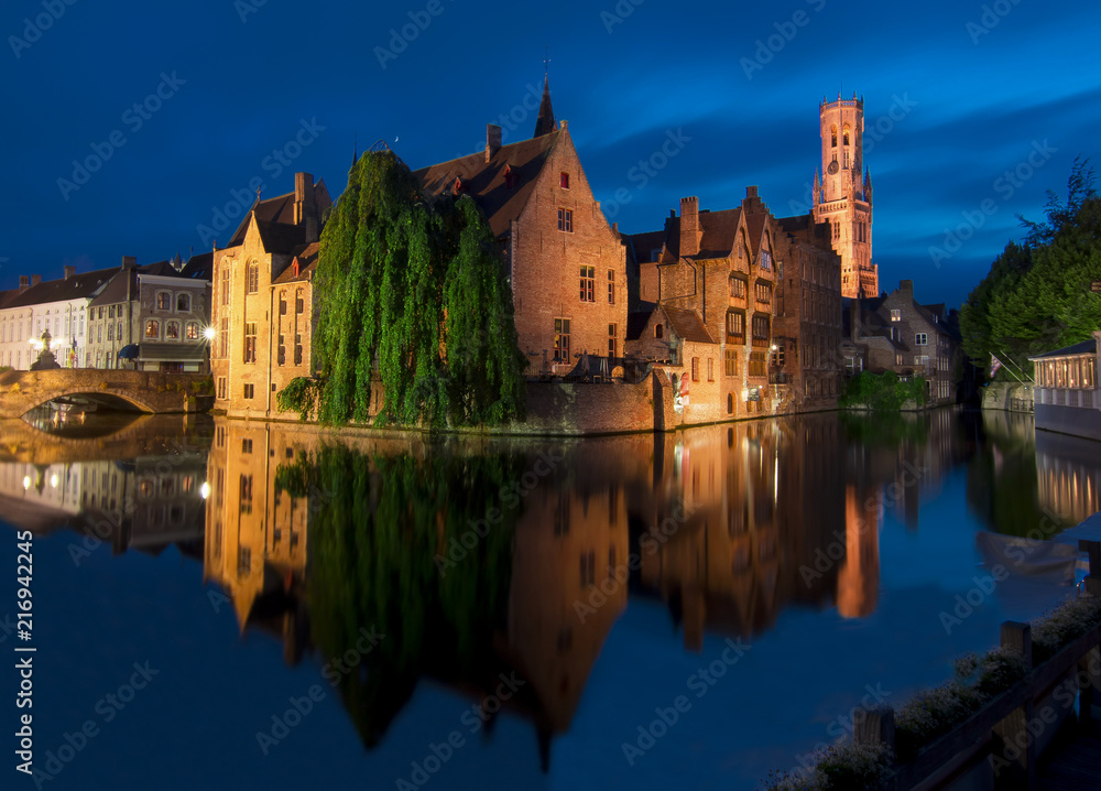 Rozenhoedkaai canal at night, Bruges, Belgium