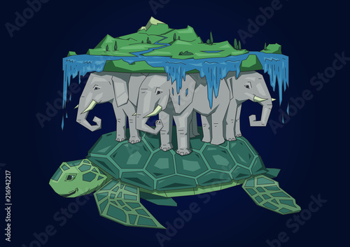 Diskworld resting on elephants and big turtle. Ancient world model, mythical flat Earth concept. Flat line vector illustration. Colored cartoon style, isolated on black background.