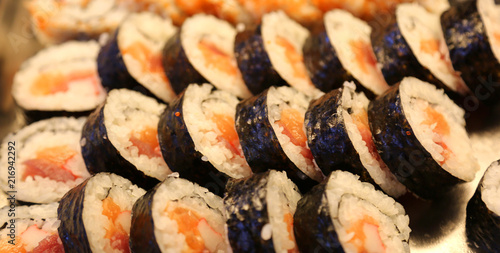 sushi with rice and seaweed in japanese restaurant