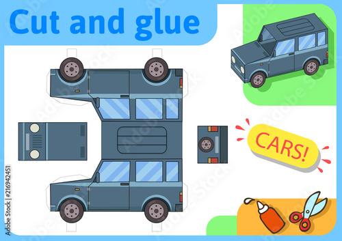 SUV off-road truck paper model. Small home craft project, DIY paper game. Cut out, fold and glue. Cutouts for children. Vector template.