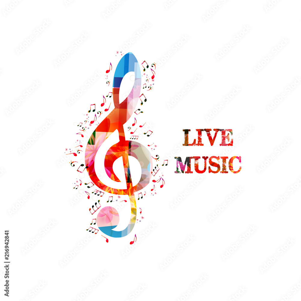 Music colorful background with G-clef and music notes vector illustration  design. Music festival poster, live concert, creative music notes isolated  Stock Vector | Adobe Stock