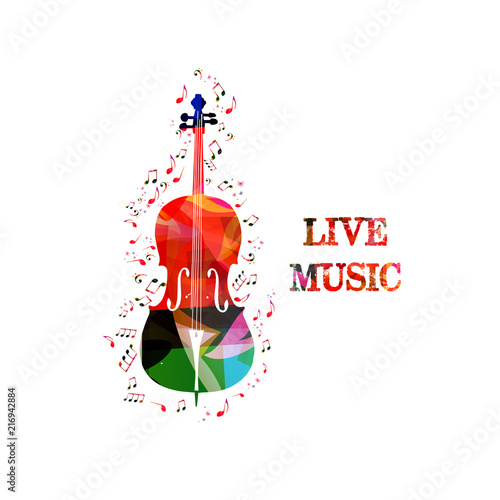 Music colorful background with music notes and violoncello vector illustration design. Music festival poster, live concert, creative cello design