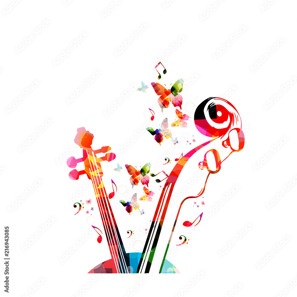 Music colorful background with music notes and violoncelo pegbox and scroll vector illustration design. Music festival poster, live concert, creative cello neck design Music colorful background with music notes and violoncelo pegbox and scroll vector illustration design. Music festival poster, live concert, creative cello neck design