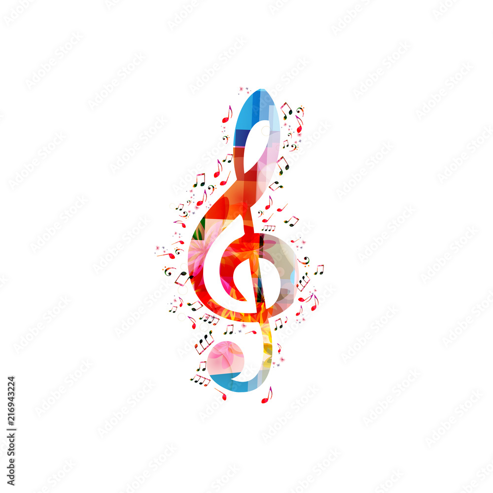 Naklejka premium Music colorful background with G-clef and music notes vector illustration design. Music festival poster, live concert, creative music notes isolated